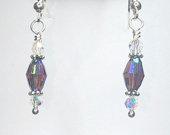 0015 Swarovski Crystal and Sterling Silver Artisan Dangle/Drop Earrings 9x6mm Burgandy AB and 5mm Clear AB Rounds