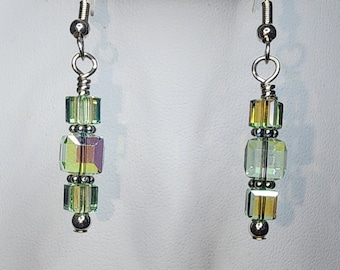 0070 Sterling Silver/Swarovski Crystal Handcrafted Beaded Earrings in 6/4mm Chrysolite AB Cubes with Metal Daisy Spacers