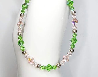 0014 7.5-in Preciosa Crystal/Sterling Silver Artisan Beaded Bracelet with 4/6mm Bicones Peridot AB and Lt Rose AB 4mm Silver Plated Spacers