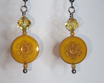 0111 Swarovski/Sterling Silver with Czech Crystal Handcrafted Artisan Drop/Dangle Earrings in Light Topaz AB and Yellow with Picasso Finish