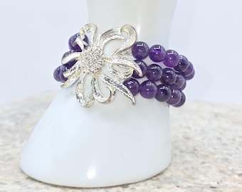 Amethyst & Swarovski Crystal Beaded Bracelet: Triple Strand, Silver Rhinestone