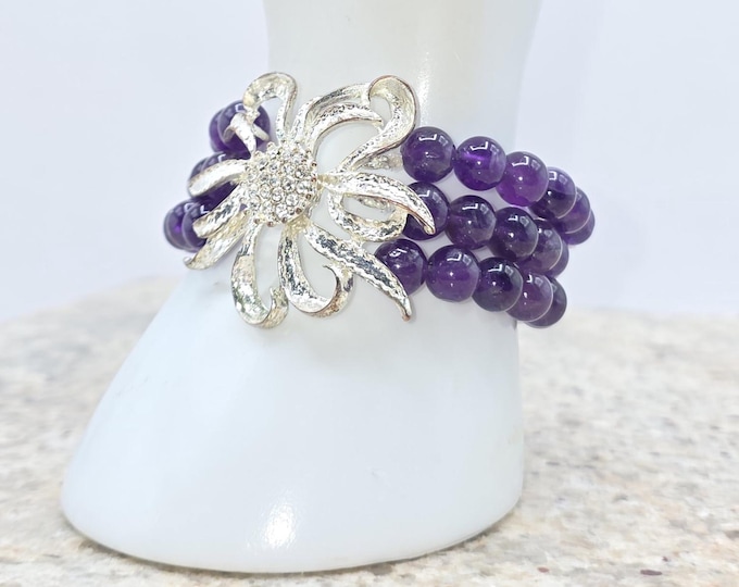 Featured listing image: Amethyst & Swarovski Crystal Beaded Bracelet: Triple Strand, Silver Rhinestone