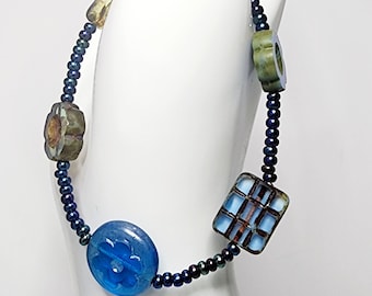 0022 7.5-in Czech Glass/Sterling Silver Handcrafted Artisan Beaded Bracelet Blue Bohemian Style Picasso Finish