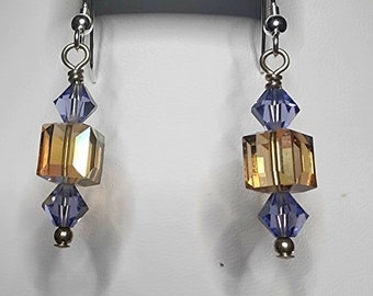 0120 Sterling Silver/Swarovski Crystal Handcrafted Beaded Earrings in 8mm Lt Colorado AB Cubes Flanked by 6mm Tanzanite Bicone