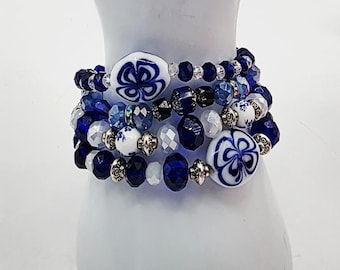 Cobalt Blue and White Beaded Elastic-Stretchy Single or Stackable Bracelets 1 Piece