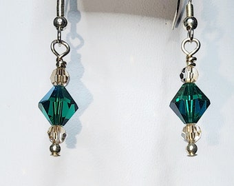 0079 Sterling Silver/Swarovski Crystal Handcrafted Beaded Earrings in 8mm Emerald AB Bicones Flanked by 4mm Clear Rounds