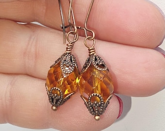 Amber AB Czech Crystal Drop Earrings: Handcrafted Copper Teardrop Dangle