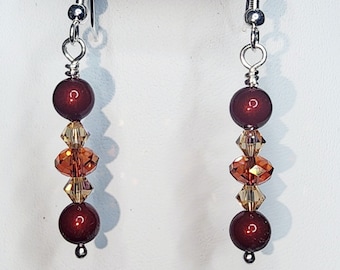 0092 Swarovski Crystal/Sterling Silver Beaded EARRINGS ONLY 6mm Red Magma Briolettes, 4mm Light Colorado Topaz AB, 6mm Bordeaux Pearls