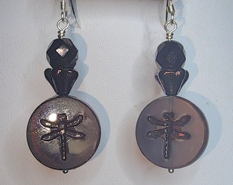 CE15 Handcrafted Artisan Drop/Dangle Earrings in Brown Czech Crystal Picasso Finish on Sterling Silver and Ear Wires Dragonflies!
