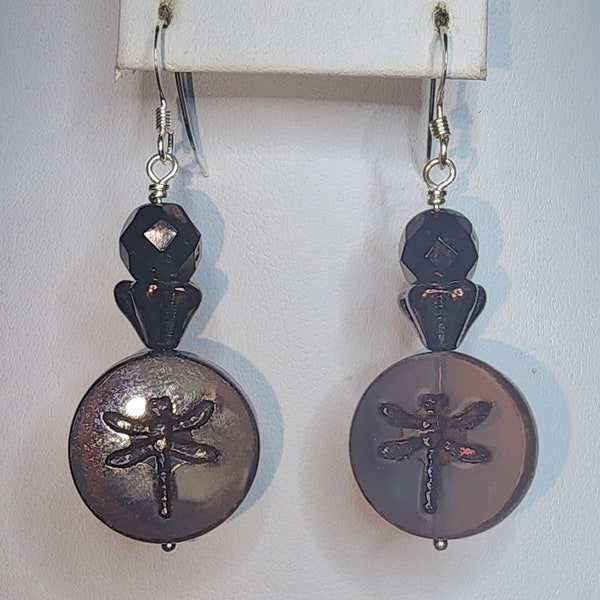 0226 Handcrafted Artisan Drop/Dangle Earrings in Brown Czech Crystal Picasso Finish on Sterling Silver and Ear Wires Dragonflies!