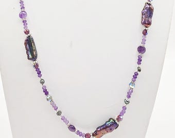 Swarovski Crystal Amethyst Pearl Necklace: Handcrafted Sterling Silver Toggle