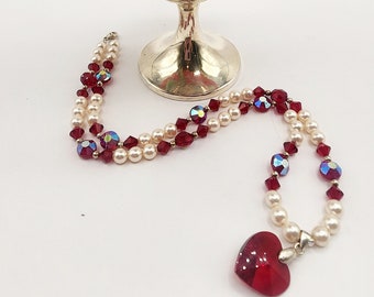 0095 20-inch Swarovski Crystal/Sterling Silver Beaded Necklace in Siam and Siam AB with Heart Pendant Drop and Pearls