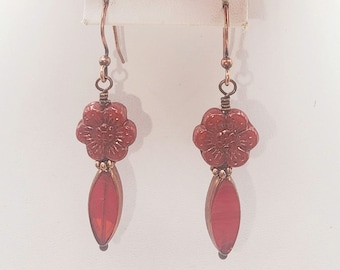 Red Czech Crystal Drop Earrings: Handcrafted Copper Floral Dangle