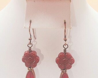 CE11 Deep Red Handcrafted Artisan Drop/Dangle Czech Crystal Earrings Copper Ear Wires and Headpin Floral with Elongated Oval