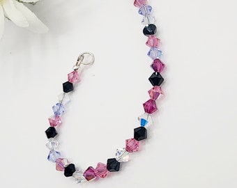 0061 7-in Swarovski Crystal/Sterling Silver Artisan Beaded Bracelet 4mm Clear AB Jet Rose AB Light Amethyst Fuschia AB