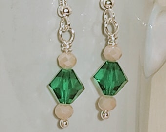 0012 Swarovski Crystal and Sterling Silver Dangle/Drop Artisan Earrings 8mm Emerald Bicone, Faceted Fresh Water Pearls