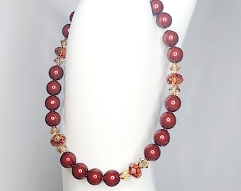 0092 8-in Swarovski Crystal/Sterling Silver Beaded BRACELET ONLY 6mm Red Magma Briolette, 4mm Light Colorado Topaz AB, 6mm Bordeaux Pearl