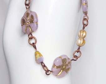 0031 7.5-in Handcrafted Artisan Copper Linked Bracelet Light Rose Flower Czech Crystal Gold Wash Antiqued Copper Clasp Jump Rings