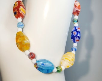 0030 7.5-in Czech Glass/Sterling Silver Handcrafted Artisan Beaded Bracelet Millefiori Glass Oval Beads Mixed Colors
