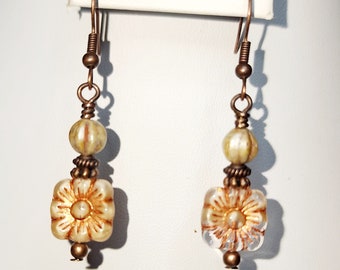 CE21 Handcrafted Artisan Drop/Dangle Earrings Mauve Square and Beige Wheel Czech Copper Wash Copper Headpin and Ear Wires