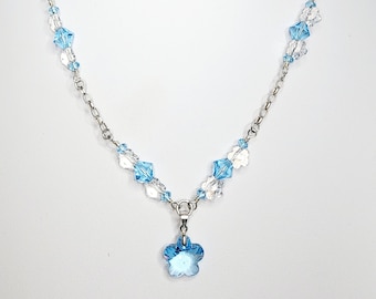 0036 22-in Swarovski Crystal/Sterling Silver Beaded Necklace in Aquamarine Bicones and Pendant Floral Drop with Clear Floral Highlights