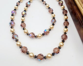 0018 21-in Swarovski Crystal and Sterling Silver Artisan Beaded Necklace 8mm Smokey Topaz AB 4mm Dorado X2 6mm Light Gold Pearl