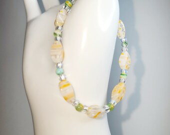 0028 7.5-in Czech Glass/Sterling Silver Handcrafted Artisan Beaded Bracelet Millefiori Oval Beads Yellow, White, Green Clear Seed Spacers