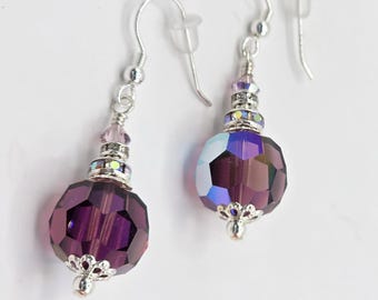 Swarovski Crystal Amethyst AB Earrings: Sterling Silver Rhinestone Artisan Jewelry