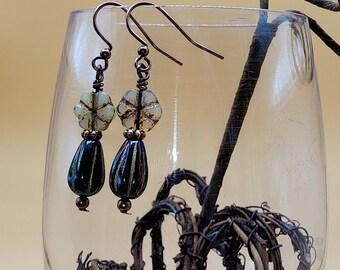 CE03 Floral Handcrafted Artisan Drop/Dangle Czech Boho Earrings Cream and Brown Flowers atop Coffee Teardrops with Copper Earwires