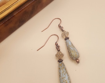 CE08 Beige Handcrafted Artisan Drop/Dangle Earrings Gold/Copper Washed Czech Crystal Elongated Teardrop Copper Ear Wires and Headpin