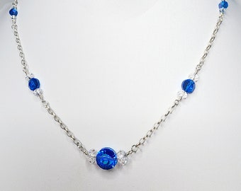 0035 21-in Swarovski Crystal/Sterling Silver Beaded Necklace with 4 and 12 mm Sapphire AB Tablets and Crystal Clear 4 and 6mm Briolettes