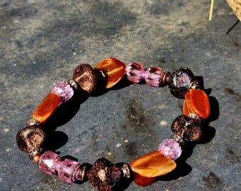 Czech Glass Beaded Bracelet: Brown, Orange, Bronze Boho Stretchy Bracelet