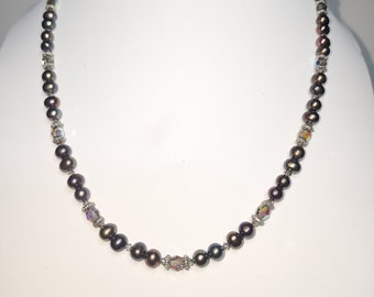 0128 26-in Swarovski Crystal/Sterling Silver Beaded Artisan necklace 6mm Black Diamond AB 3mm Silver Shade Peacock Fresh Water Pearls