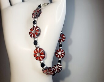 0026 8-in Czech Glass/Sterling Silver Handcrafted Artisan Beaded Bracelet Red, Silver, Black Wheel Coins Bohemian Style