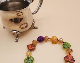 CB02 Czech Glass Elastic Stretchy Handcrafted Artisan Bohemian Style Beaded Bracelet Floral Leaves Stocking Stuffer Gift Jewelry Latex Free