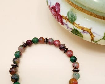 CB04 Czech Glass/Agate Elastic Stretchy Handcrafted Artisan Bohemian Style Beaded Bracelet Floral Stocking Stuffer Gift Jewelry Latex Free
