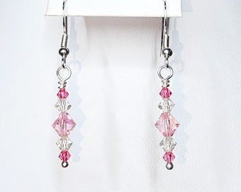 0037 Swarovski Crystal/Sterling Silver Beaded EARRINGS ONLY 6mm Lt Rose AB 4mm Silver Shade 3mm Indian Pink