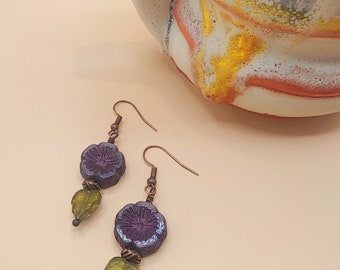 CE31 Floral Handcrafted Artisan Drop/Dangle Czech Boho Earrings Green Leaves and Purple Flowers Copper Earwires and Headpins