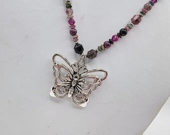 Swarovski Crystal/Watermellon Tourmaline Gemstone 25-inch Handcrafted Artisan  Beaded Necklace Silver Base Metal Focal Butterfly Pendant