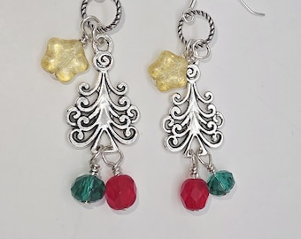 Sterling Silver Earwires Glass Beaded Christmas Charm Earrings Christmas Trees Czech Star