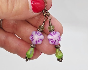 Handcrafted Czech Glass Drop Earrings: Pink Flower, Green Accent, Boho Copper