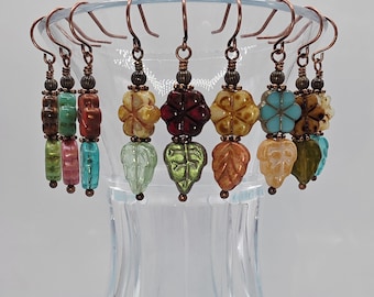 Czech Floral with Leaves Dangle/Drop Earrings on Copper Earwires