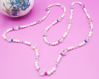 0108 32-in Swarovski Crystal/Sterling Handcrafted Beaded Artisan necklace 8mm & 5mm Clear AB Mixed 4mm AB2X, Fresh Water Pearls