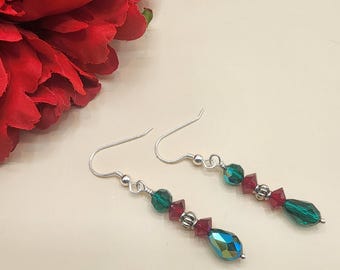 202405 Sterling Silver/Swarovski Crystal Handcrafted Beaded Earrings Clear AB Siam Emerald AB Teardrops