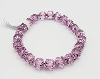 CB20 Czech Glass Handcrafted Artisan Beaded Bracelet 6mm Cathedral Pink Beads with Pink Wash Stretch Elastic