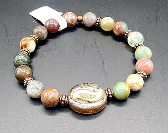 CB18Czech Glass/Gemstone Handcrafted Artisan Beaded Bracelet Gold Wash Focal Mixed Jade Boho Style Stretch Elastic