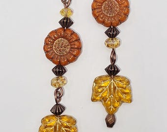 Czech Crystal Drop Earrings: Antiqued Copper Floral Leaves Fall