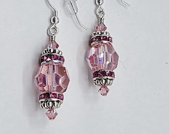 Swarovski Crystal Sterling Silver 14mm Light Rose AB 4mm Lt Rose Accents Handcrafted Artisan Earrings with Rose Rhinestone Spacers