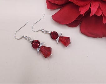 Sterling Silver/Swarovski Crystal Handcrafted Beaded Angel Earrings Siam AB Tablets and Cones