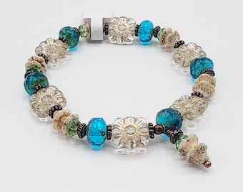 CB21 Czech Glass Handcrafted Artisan Beaded Bracelet Turquoise Beige Clear with Gold Wash Copper Spacers Stretch Elastic